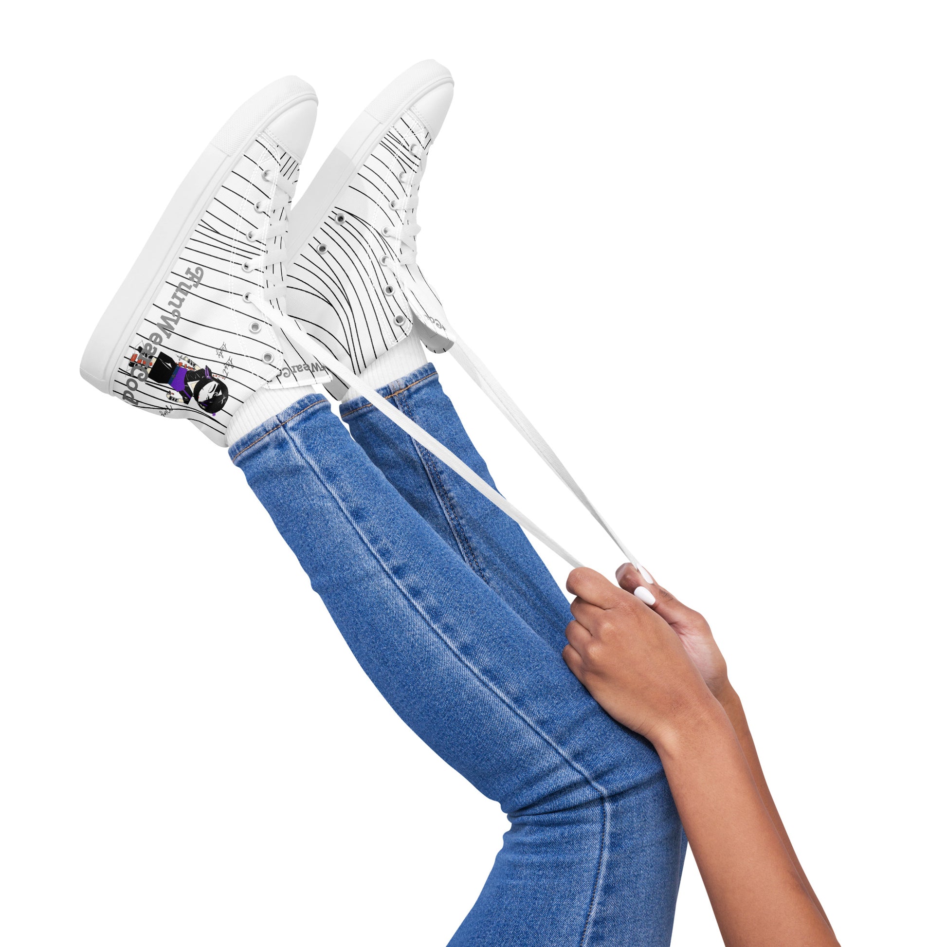 Person wearing blue jeans and a pair of white sneakers with a ninja graphic and 'Fun Wear Code' text logo on a white background
