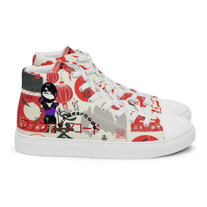 high-top sneakers with colorful Japanese-themed graphic design, and with a ninja graphic and 'Fun Wear Code' text logo on a white background
