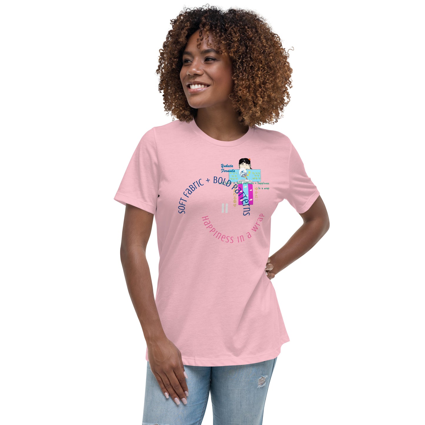 Woman wearing a pink t-shirt with colorful text and a playful character of yukata graphic design on a white background